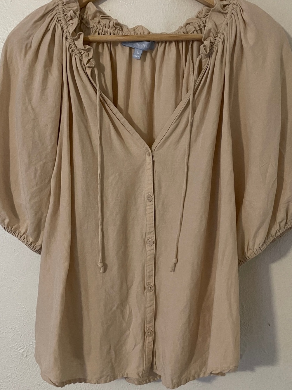 Antonio Melani Oatmeal Rayon Linen Tie Front Peasant Blouse Puff Sleeve M